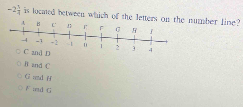 -2 3/4  is located between which of the lett number line?
4
and D
B and C
G and H
F and G