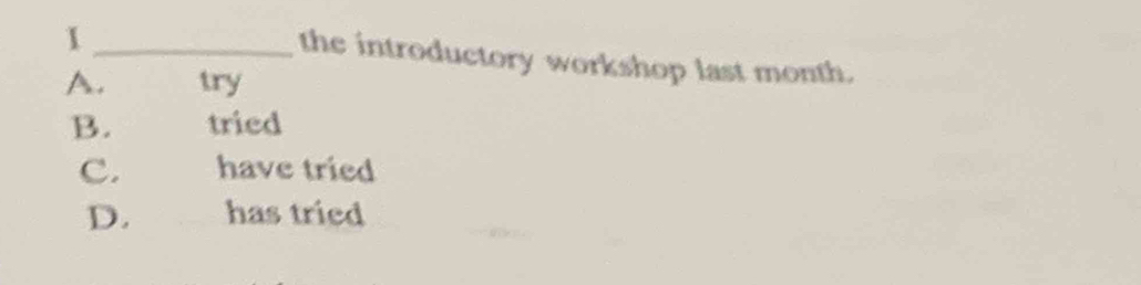 the introductory workshop last month.
A. try
B. tried
c. have tried
D. has tried