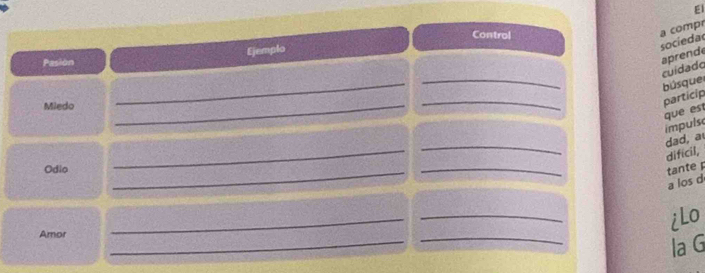 El 
Control 
Ejemplo 
socieda a comp 
Pasion 
aprende 
_ 
_ 
cuídado 
bús que 
que est particip 
Miedo 
_ 
_ 
impuls 
_ 
_ 
dad, a 
dificil, 
Odio __tante 
a los d 
_ 
_ 
iLo 
_ 
Amor 
_ 
la G