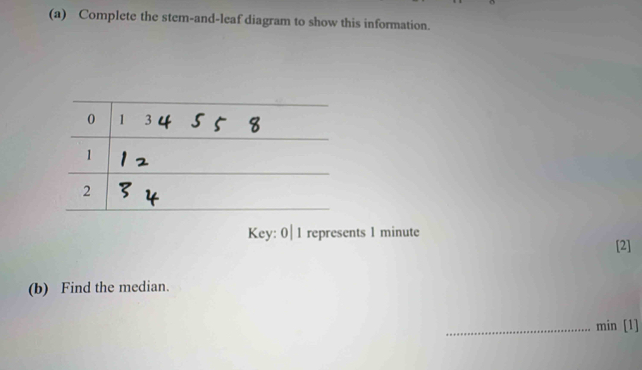 Complete the stem-and-leaf diagram to show this information. 
Key: 0| 1 represents 1 minute
[2] 
(b) Find the median. 
_min [1]