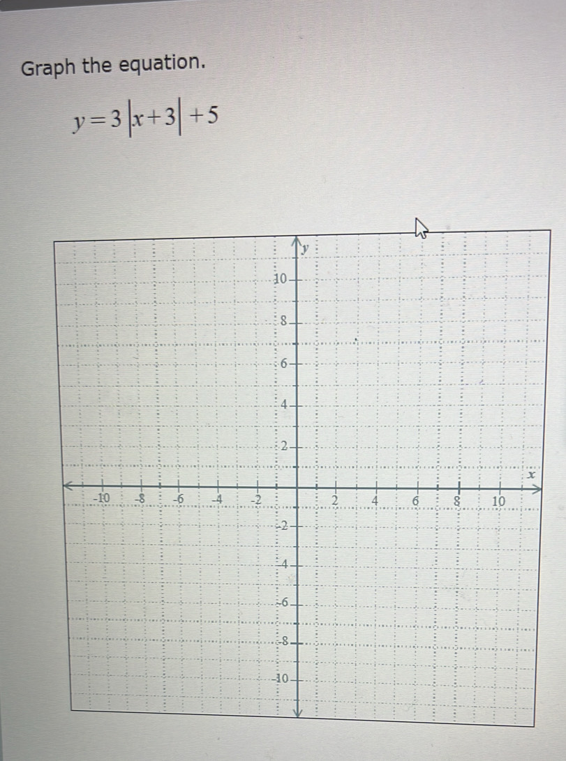 Graph the equation.
y=3|x+3|+5