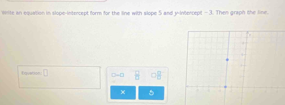 Write an equation in slope-intercept form for the line with slope 5 and y-intercept -3. Then graph the line. 
Equation: □
□ =□  □ /□   □  □ /□  
×