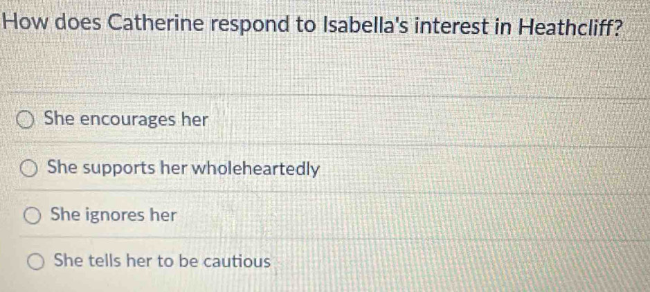 How does Catherine respond to Isabella's interest in Heathcliff?
She encourages her
She supports her wholeheartedly
She ignores her
She tells her to be cautious