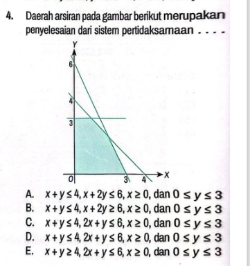 Daerah arsiran pada gambar berikut merupakan
penyelesaian dari sistem pertidaksamaan . . . -
A. x+y≤ 4, x+2y≤ 6, x≥ 0 , dan 0≤ y≤ 3
B. x+y≤ 4, x+2y≥ 6, x≥ 0 , dan 0≤ y≤ 3
C. x+y≤ 4, 2x+y≤ 6, x≥ 0 , dan 0≤ y≤ 3
D. x+y≤ 4, 2x+y≤ 6, x≥ 0 , dan 0≤ y≤ 3
E. x+y≥ 4, 2x+y≤ 6, x≥ 0 , dan 0≤ y≤ 3