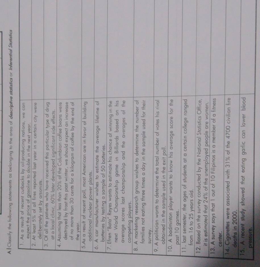 A|Classify the following statements as belonging to the area of descriptive statistics or Inferential Statistics 
1 
1 
pressure.