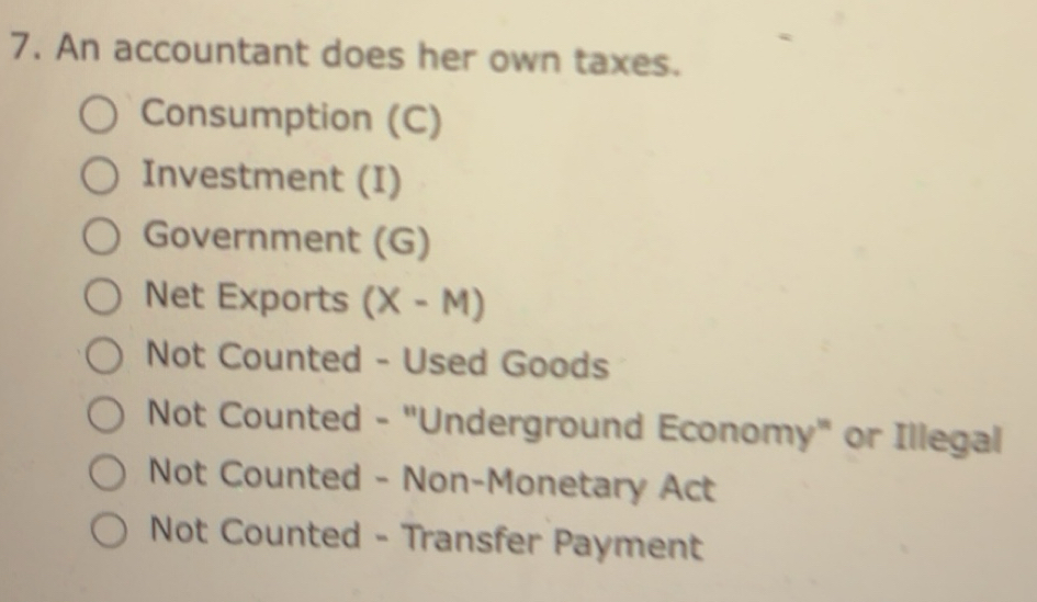 Solved: An accountant does her own taxes. Consumption (C) Investment (I ...