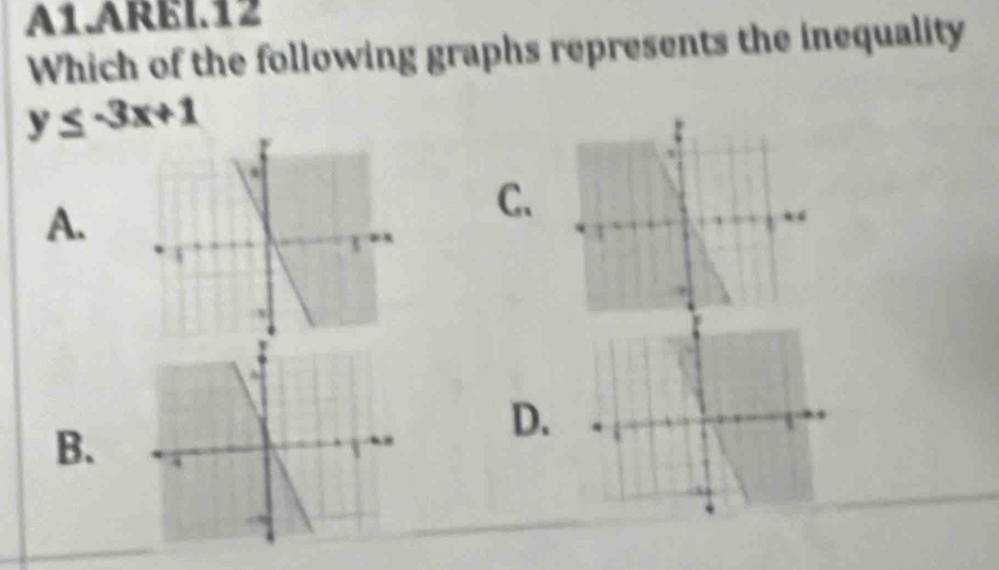 A1.AREI.12
Which of the following graphs represents the inequality
y≤ -3x+1
A.
C.
D.
B.