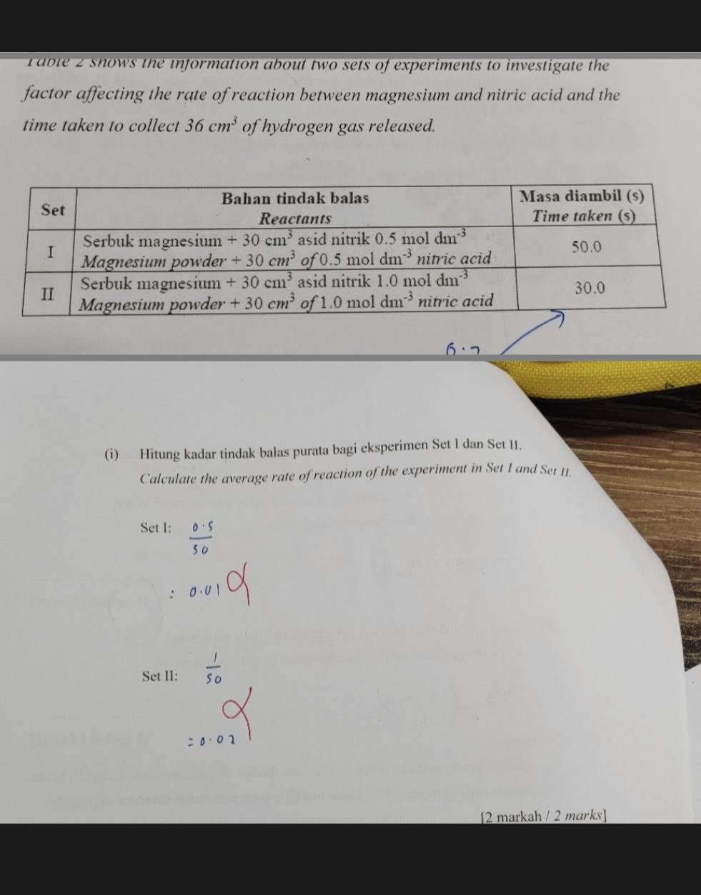 able 2 shows the information about two sets of experiments to investigate the
factor affecting the rate of reaction between magnesium and nitric acid and the
time taken to collect 36cm^3 of hydrogen gas released.
(i) Hitung kadar tindak balas purata bagi eksperimen Set I dan Set II.
Calculate the average rate of reaction of the experiment in Set I and Set II
Set I:
:
Set II:
[2 markah / 2 marks]