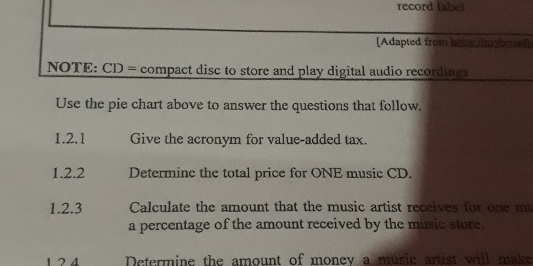 record label 
[Adapted from hits://mybroad] 
NOTE: CD = compact disc to store and play digital audio recordings 
Use the pie chart above to answer the questions that follow. 
1.2.1 Give the acronym for value-added tax. 
1.2.2 Determine the total price for ONE music CD. 
1.2.3 Calculate the amount that the music artist receives for one m 
a percentage of the amount received by the music store. 
1 2 4 Determine the amount of money a music artist will make