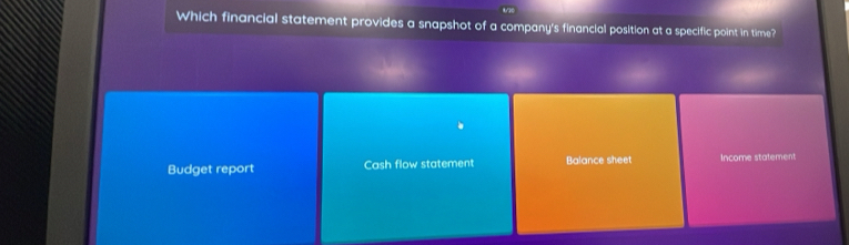 Which financial statement provides a snapshot of a company's financial position at a specific point in time?
Budget report Cash flow statement Balance sheet Income statement