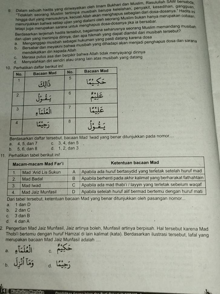 Dalam sebuah hadits yang diriwayatkan oleh Imam Bukhari dan Muslim, Rasulullah SAW bersabda
*Tidakiah seorang Muslim tertimpa musibah berupa kelelahan, penyakit, kesedihan, gangguan
hingga duri yang menusuknya, kecuali Allah akan menghapus sebagian dari dosa-dosanya." Hadits ini
menunjukkan bahwa setiap ujian yang dialami oleh seorang Muslim bukan hanya merupakan cobaan
tetapi juga merupakan sarana untuk menghapus dosa-dosanya jika ia bersabar.
Berdasarkan terjemah hadits tersebut, bagaimana seharusnya seorang Muslim memandang musibah
dan ujian yang menimpa dirinya, dan apa hikmah yang dapat diambil dari musibah tersebut?
a. Menganggap musibah sebagai hukuman yang pasti datang karena dosa
b Bersabar dan meyakini bahwa musibah yang dihadapi akan menjadi penghapus dosa dan sarana
mendekatkan diri kepada Allah
c. Merasa putus asa dan berpikir bahwa Allah tidak menyayangi dirinya
d. Menyalahkan diri sendiri atau orang lain atas musibah yang datang
Berdasarkan daftar tersebut, bacaan Mad ‘Iwad yang bentunjukkan pada nomor....
a. 4, 5, dan 7 c. 3, 4, dan 5
b. 5, 6, dan 8 d. 1, 2, dan 3
11. Perhatikan tabel berikut ini!
Dari tabel tersebut, ketentuan bacaan Mad yang benar ditunjukkan oleh pasangan nomor...
a. 1 dan D
b. 2 dan C
c. 3 dan B
d. 4 dan A
2. Pengertian Mad Jaiz Munfasil, Jaiz artinya boleh, Munfasil artinya berpisah. Hal tersebut karena Mad
Thobi’i bertemu dengan huruf Hamzal di lain kalimat (kata). Berdasarkan ilustrasi tersebut, lafal yang
merupakan bacaan Mad Jaiz Munfasil adalah ....
a.
C.
b.
d.