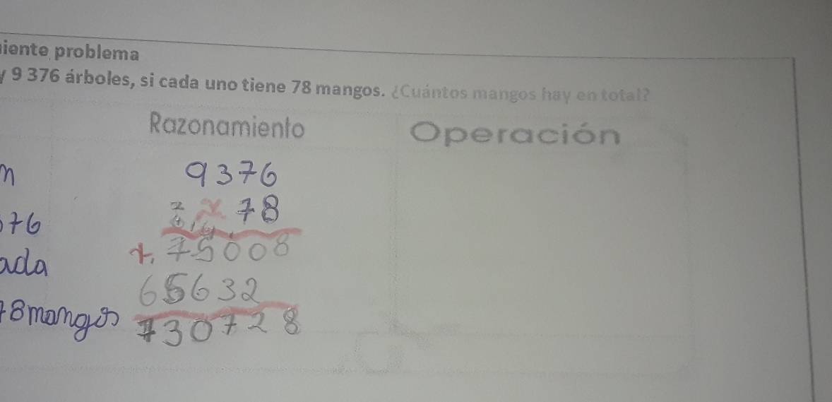 iente problema 
y 9 376 árboles, si cada uno tiene 78 mangos. ¿Cuántos mangos hay en total? 
Razonamiento Operación