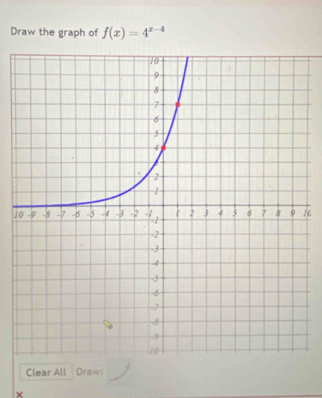 Draw the graph of f(x)=4^(x-4)
116
Clear All Draw 
×