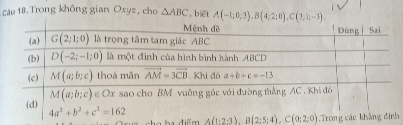 Trong không gian Oxyz , cho △ ABC ,biết A(-1;0;3),B(4;2;0),C(3;1;-3).
h o  h a điểm h