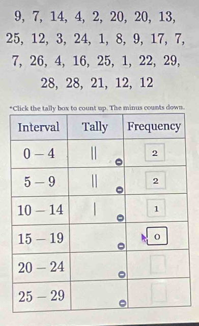 9, 7, 14, 4, 2, 20, 20, 13,
25, 12, 3, 24, 1, 8, 9, 17, 7,
7, 26, 4, 16, 25, 1, 22, 29,
28, 28, 21, 12, 12
* counts down.