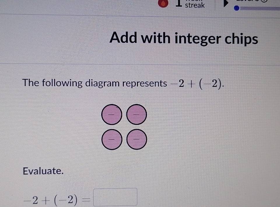 ⊥ streak 
Add with integer chips 
The following diagram represents -2+(-2). 
Evaluate.
-2+(-2)=□