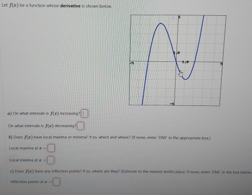 Let f(x) be a function whose derivative is shown below. 
α) On what intervals is f(x) increasing? □ 
On what intervals is f(x) decreasing ? □ 
b) Does f(x) have local maxima or minima? If so, which and where? (If none, enter 'DNE' in the appropriate box.) 
Local maxima at z=□
Local minima at x=□
c) Does f(x) have any inflection points? If so, where are they? (Estimate to the nearest tenths place. If none, enter 'DNE' in the box below. 
Inflection points at x-□