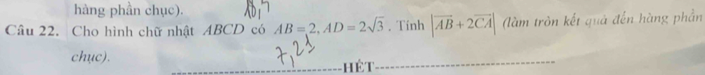 hàng phần chục). 
Câu 22. Cho hình chữ nhật ABCD có AB=2, AD=2sqrt(3). Tính |vector AB+2vector CA| (làm tròn kết quả đến hàng phần 
chục). 
é t