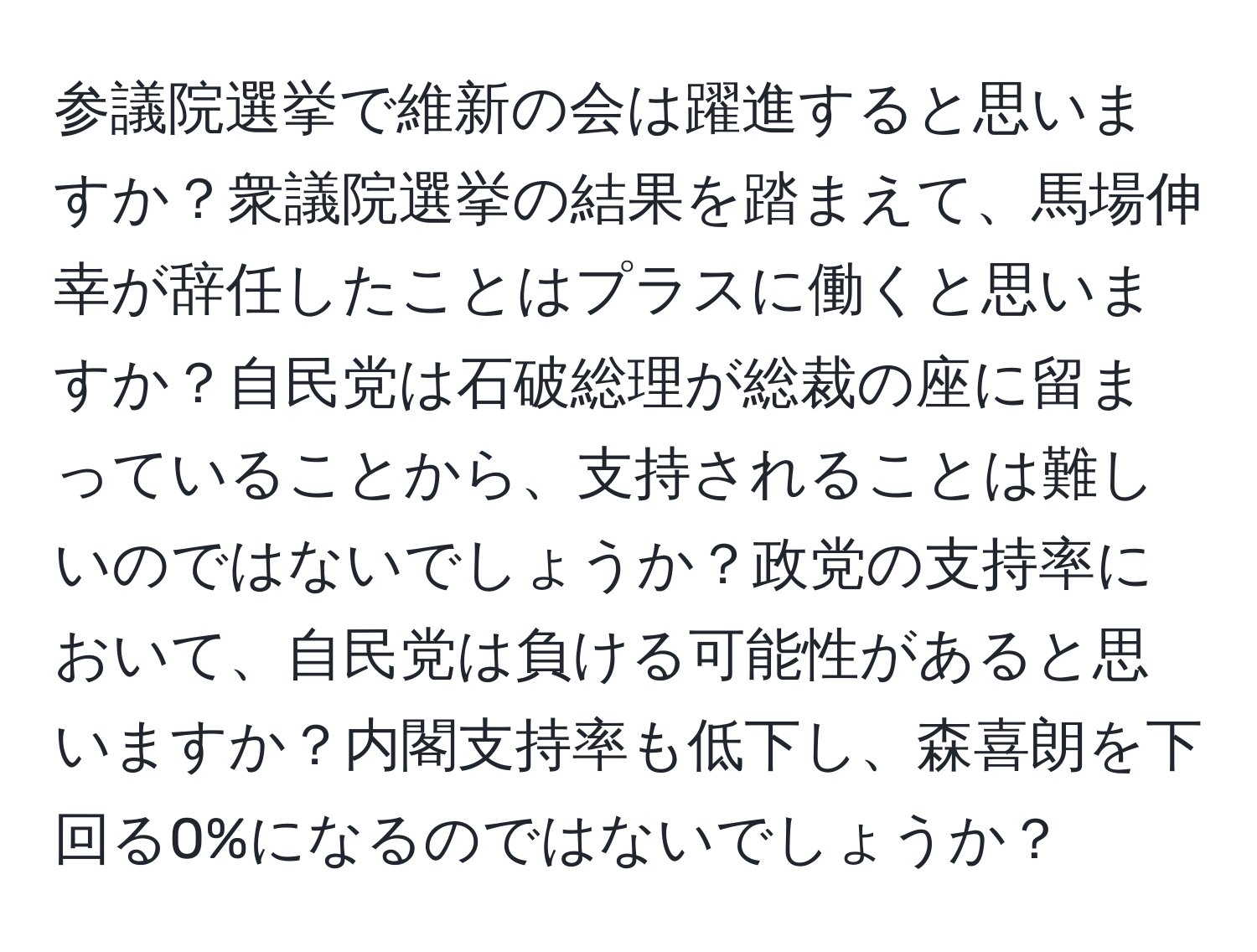 参議院選挙で維新の会は躍進すると思いますか？衆議院選挙の結果を踏まえて、馬場伸幸が辞任したことはプラスに働くと思いますか？自民党は石破総理が総裁の座に留まっていることから、支持されることは難しいのではないでしょうか？政党の支持率において、自民党は負ける可能性があると思いますか？内閣支持率も低下し、森喜朗を下回る0%になるのではないでしょうか？