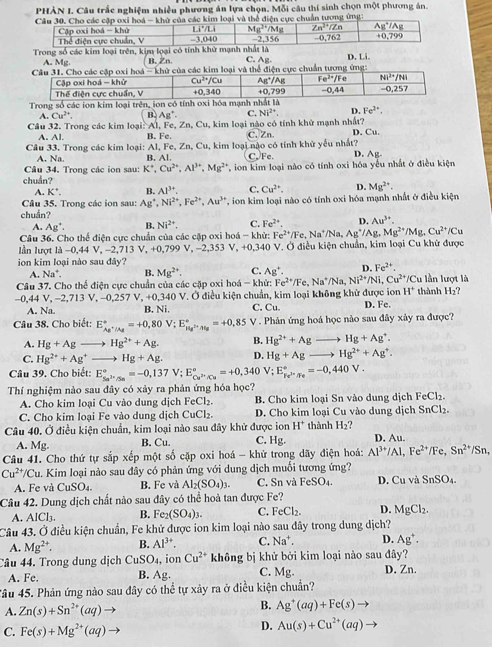 PHÀN I. Câu trắc nghiệm nhiều phương án lựa chọn. Mỗi câu thí sinh chọn một phương án.
loại và thể điện cực chuẩn tương ứng:
Trong số các kim loại trên, kim loại có tính khử mạnh nhất là D. Li.
C. A
A. Mg. B. Zn. P. Cho các cặp oxi hoá - khử của các kim loại và thể điện cực chuẩn tương ứng:
Trong số các ion kim loại trên, ion có tính
A. Cu^(2+). B. Ag^+. C. Ni^(2+).
D. Fe^(2+).
Câu 32. Trong các kim loại: Al, Fe, Zn,Cu 1, kim loại nào có tính khử mạnh nhất?
A. Al. B. Fe. C. Zn. D. Cu.
Câu 33. Trong các kim loại: Al, Fe, Zn, C_1 a, kim loại nào có tính khử yếu nhất?
A. Na. B. Al. C. Fe. D. Ag.
Câu 34. Trong các ion sau: K^+,Cu^(2+),Al^(3+),Mg^(2+) , ion kim loại nào có tính oxi hóa yếu nhất ở điều kiện
chuẩn?
D.
A. K^+. B. Al^(3+). C. Cu^(2+). Mg^(2+).
Câu 35. Trong các ion sau: Ag^+,Ni^(2+),Fe^(2+),Au^(3+) T, ion kim loại nào có tính oxi hóa mạnh nhất ở điều kiện
chuẩn?
A. Ag^+. B. Ni^(2+). C. Fe^(2+).
D. Au^(3+).
Câu 36. Cho thế điện cực chuẩn của các cặp oxi hoá - khử: Fe^(2+)/Fe,Na^+/Na,Ag^+/Ag Mg^(2+)/Mg,Cu^(2+)/Cu
lần lượt là −0,44 V, −2,713 V,+0,799V,-2,353V,+0,340 V V. Ở điều kiện chuẩn, kim loại Cu khử được
ion kim loại nào sau đây?
A. Na^+. B. Mg^(2+). C. Ag^+.
D. Fe^(2+).
Câu 37. Cho thế điện cực chuẩn của các cặp oxi hoá - khử: Fe^(2+)/Fe,Na^+/Na,Ni^(2+)/Ni,Cu^(2+)/Cu lần lượt là
0,44V,-2,713V,-0,257V,+0,340V V. Ở điều kiện chuẩn, kim loại không khử được ion H^+ thành H_2 ?
A. Na. B. Ni. C. Cu. D. Fe.
Câu 38. Cho biết: E_Ag^+/Ag^circ =+0,80V;E_Hg^(2+)/Hg^circ =+0,85 V. Phản ứng hoá học nào sau đây xảy ra được?
A. Hg+Agto Hg^(2+)+Ag.
B. Hg^(2+)+Agto Hg+Ag^+.
C. Hg^(2+)+Ag^+to Hg+Ag.
D. Hg+Agto Hg^(2+)+Ag^+.
Câu 39. Cho biết: E_Sn^(2+)/Sn^circ =-0,137V;E_Cu^(2+)/Cu^circ =+0,340V;E_Fe^(2+)/Fe^circ =-0,440V.
Thí nghiệm nào sau đây có xảy ra phản ứng hóa học?
A. Cho kim loại Cu vào dung dịch FeCl_2. B. Cho kim loại Sn vào dung dịch FeCl_2.
C. Cho kim loại Fe vào dung dịch  ( CuCl_2. D. Cho kim loại Cu vào dung dịch SnCl_2.
Câu 40. Ở điều kiện chuẩn, kim loại nào sau đây khử được ion H^+ thành H_2 ?
C. Hg.
A. Mg. B. Cu. D. Au.
Câu 41. Cho thứ tự sắp xếp một số cặp oxi hoá - khử trong dãy điện hoá: Al^(3+)/Al,Fe^(2+)/Fe,Sn^(2+)/Sn,
Cu^(2+)/Cu u. Kim loại nào sau đây có phản ứng với dung dịch muối tương ứng?
A. Fe và CuSO_4. B. Fe và Al_2(SO_4)_3. C. Sn và FeSO_4. D. Cu và SnSO_4.
Câu 42. Dung dịch chất nào sau đây có thể hoà tan được Fe?
B.
C. FeCl_2. D.
A. AlCl₃. Fe_2(SO_4)_3. MgCl_2.
Câu 43. Ở điều kiện chuẩn, Fe khử được ion kim loại nào sau đây trong dung dịch?
A. Mg^(2+). B. Al^(3+). C. Na^+.
D. Ag^+.
Câu 44. Trong dung dịch CuSO_4 , ion Cu^(2+) không bị khử bởi kim loại nào sau đây?
A. Fe. B. Ag. C. Mg. D. Zn.
Câu 45. Phản ứng nào sau đây có thể tự xảy ra ở điều kiện chuẩn?
A. Zn(s)+Sn^(2+)(aq) - B. Ag^+(aq)+Fe(s) to
C. Fe(s)+Mg^(2+)(aq)
D. Au(s)+Cu^(2+)(aq) to