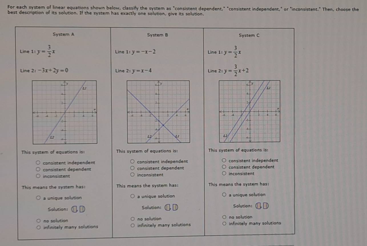 For each system of linear equations shown below, classify the system as "consistent dependent," "consistent independent," or "inconsistent." Then, choose the
best description of its solution. If the system has exactly one solution, give its solution.
System A System B System C
Line 1:y= 3/2 x Line 1: y=-x-2 Line 1z y= 3/2 x
Line 2:-3x+2y=0 Line 2: y=x-4 Line 2^1 y= 3/2 x+2

This system of equations is: This system of equations is: This system of equations is:
consistent independent consistent independent consistent independent
consistent dependent consistent dependent consistent dependent
inconsistent inconsistent inconsistent
This means the system has: This means the system has: This means the system has:
a unique solution a unique solution a unique solution
Solution: Solution: Solution:
no solution no solution no solution
infinitely many solutions infinitely many solutions infinitely many solutions