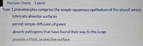 Type 1 pneumocytes comprise the simple squamous epithelium of the alveoli which:
lubricate alveolar surfaces
permit simple diffusion of gases
absorb pathogens that have found their way to the lungs
provide a thick, protective surface