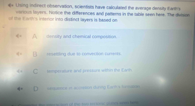 =* Using indirect observation, scientists have calculated the average density Earth's
various layers. Notice the differences and patterns in the table seen here. The division
of the Earth's interior into distinct layers is based on
A density and chemical composition.
B resettling due to convection currents.
temperature and pressure within the Earth.
sequence in accretion during Earth's formation
e mteraction of the two tectonic plates seen here