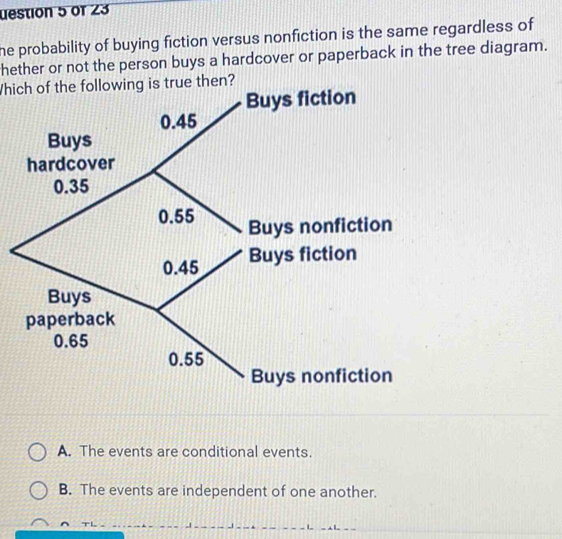 uestion 5 of 23
he probability of buying fiction versus nonfiction is the same regardless of
hether or not the person buys a hardcover or paperback in the tree diagram.
Which of the following is true then?
A. The events are conditional events.
B. The events are independent of one another.