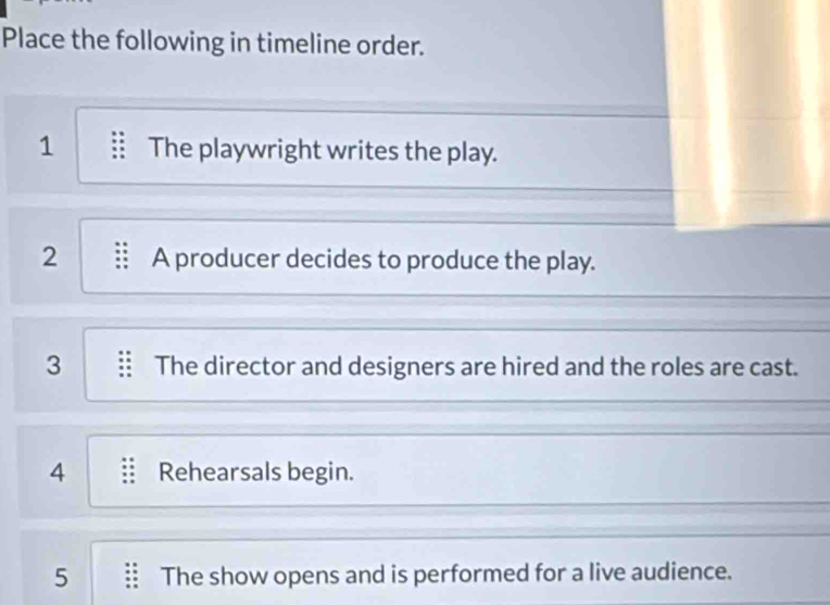 Place the following in timeline order. 
1 The playwright writes the play. 
2 A producer decides to produce the play. 
3 The director and designers are hired and the roles are cast. 
4 Rehearsals begin. 
5 The show opens and is performed for a live audience.