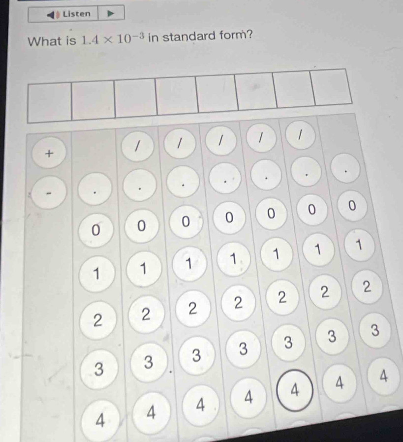 Listen 
What is 1.4* 10^(-3) in standard form? 
+