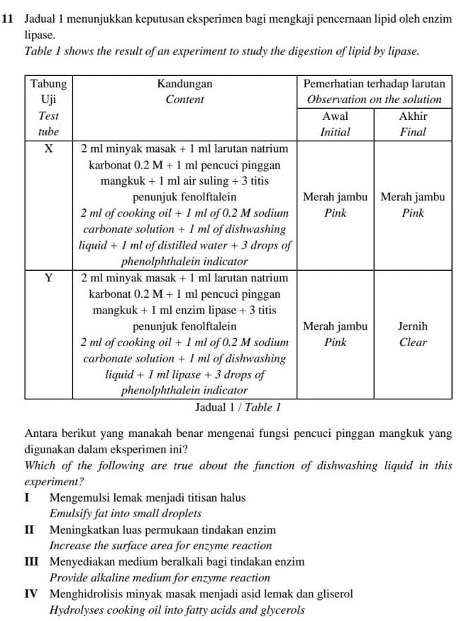 Jadual 1 menunjukkan keputusan eksperimen bagi mengkaji pencernaan lipid oleh enzim
lipase.
Table 1 shows the result of an experiment to study the digestion of lipid by lipase.
n
n
u
Antara berikut yang manakah benar mengenai fungsi pencuci pinggan mangkuk yang
digunakan dalam eksperimen ini?
Which of the following are true about the function of dishwashing liquid in this
experiment?
I Mengemulsi lemak menjadi titisan halus
Emulsify fat into small droplets
II Meningkatkan luas permukaan tindakan enzim
Increase the surface area for enzyme reaction
III Menyediakan medium beralkali bagi tindakan enzim
Provide alkaline medium for enzyme reaction
IV Menghidrolisis minyak masak menjadi asid lemak dan gliserol
Hydrolyses cooking oil into fatty acids and glycerols