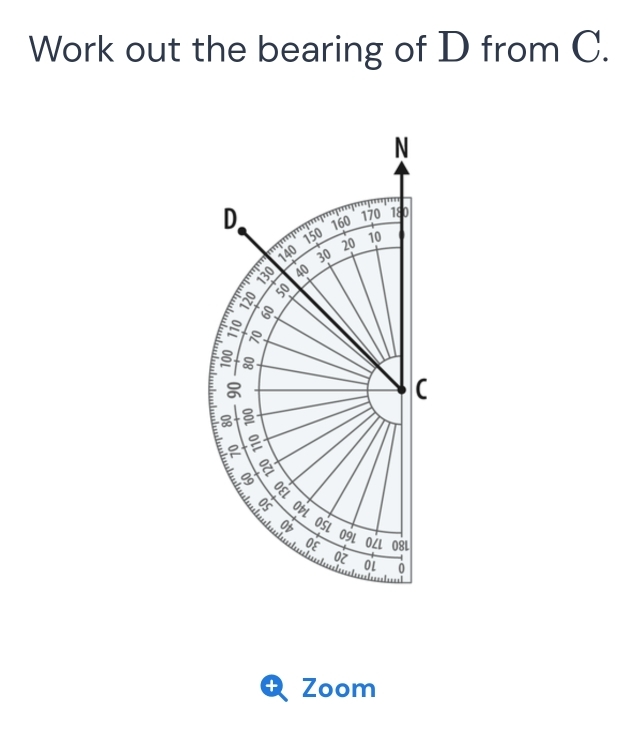 Work out the bearing of D from C. 
N 
D 160
170 180
150
140 30 20 10
130 40
8
8
( 
ObL 
Ob OsL 
0E 09L OZL 08L
oz 
== - fe r l - l l i = t=== 
OL 0 
+ Zoom