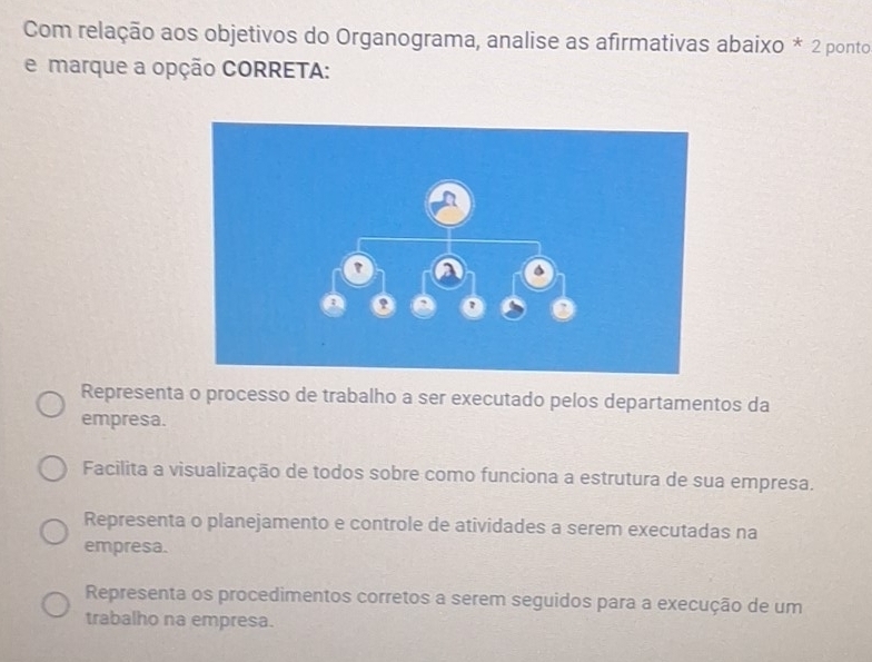 Com relação aos objetivos do Organograma, analise as afirmativas abaixo * 2 ponto
e marque a opção CORRETA:
Representa o processo de trabalho a ser executado pelos departamentos da
empresa.
Facilita a visualização de todos sobre como funciona a estrutura de sua empresa.
Representa o planejamento e controle de atividades a serem executadas na
empresa.
Representa os procedimentos corretos a serem seguidos para a execução de um
trabalho na empresa.