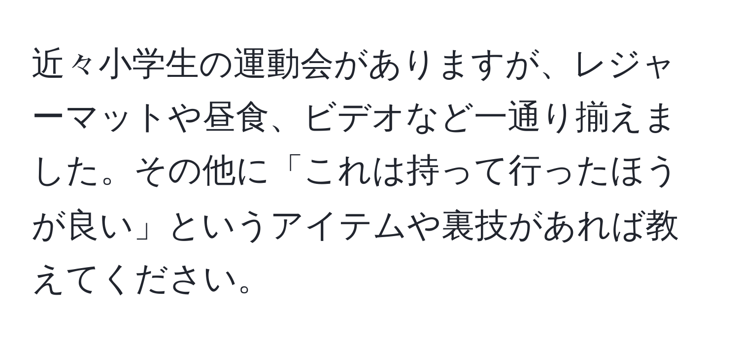 近々小学生の運動会がありますが、レジャーマットや昼食、ビデオなど一通り揃えました。その他に「これは持って行ったほうが良い」というアイテムや裏技があれば教えてください。