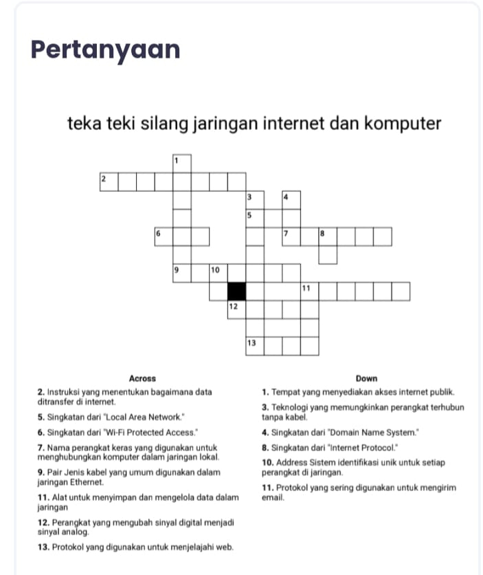 Pertanyaan 
teka teki silang jaringan internet dan komputer 
Across Down 
2. Instruksi yang menentukan bagaimana data 1. Tempat yang menyediakan akses internet publik. 
ditransfer di internet. 3. Teknologi yang memungkinkan perangkat terhubun 
5. Singkatan dari ''Local Area Network.'' tanpa kabel. 
6. Singkatan dari ''Wi-Fi Protected Access." 4. Singkatan dari ''Domain Name System.'' 
7. Nama perangkat keras yang digunakan untuk 8. Singkatan dari "Internet Protocol." 
menghubungkan komputer dalam jaringan lokal. 10. Address Sistem identifikasi unik untuk setiap 
9. Pair Jenis kabel yang umum digunakan dalam perangkat di jaringan. 
jaringan Ethernet. 11. Protokol yang sering digunakan untuk mengirim 
11. Alat untuk menyimpan dan mengelola data dalam email. 
jaringan 
12. Perangkat yang mengubah sinyal digital menjadi 
sinyal analog. 
13. Protokol yang digunakan untuk menjelajahi web.