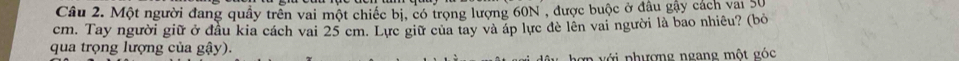 Một người đang quầy trên vai một chiếc bị, có trọng lượng 60N , được buộc ở đầu gây cách vai S0
cm. Tay người giữ ở đầu kia cách vai 25 cm. Lực giữ của tay và áp lực đè lên vai người là bao nhiêu? (bỏ 
qua trọng lượng của gậy). 
ợ p v ới phượng ngang một góc