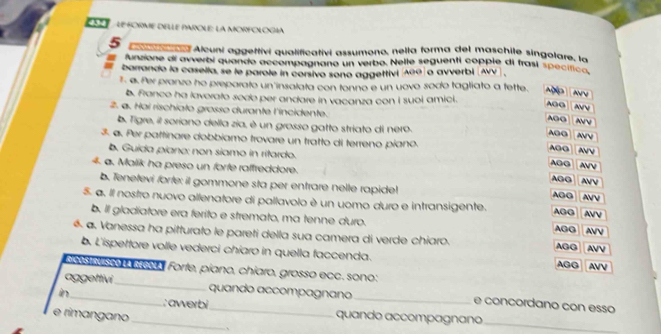 AEHORme dElle PArOlE: La MORFOLOGía 
5 A a raa Alcuni aggettivi qualificativi assumono, nella forma del maschile singolare, la 
funzione di avverbi quando accompagnano un verbo. Nelle seguenti copple di frasí specín la 
barrando la casella, se le parole in corsivo sono aggettiv| (λ00)o avverbi (AVV 
1. ø Per pranzo ho preparato un insalata con tonno e un uovo sodo tagliato a tette. 
b. Franco ha lavorato sodo per andare in vacanza con i suoi amici. 
2. ø. Hai rischiato grosso durante l'incidente. 
b. Tigre, il soríano della zia, è un grosso gatto striato di nero. 
3. a. Per pattinare dobbíamo trovare un tratto di terreno píano. 
b. Guída píane: non siamo in ritardo. 
4. a. Malik ha preso un forfe raffreddore. 
b. Tenetevi forte: il gommone sta per entrare nelle rapidet 
S. a. Il nostro nuovo allenatore di pallavolo è un uomo duro e intransigente. 
b. Il gladíatore era ferito e stremato, ma tenne duro. 
é. a. Vanessa ha pitturato le pareti della sua camera di verde chiaro. 
b. Lispettore volle vederci chíaro in quella faccenda. 
Go se vso see. Forte, píano, chiaro, grosso ecc. sono: 
in 
aggettivi_ quando accompagnano _e concordano con esso 
: awerbi 
_ 
e rimangano __quando accompagnano_