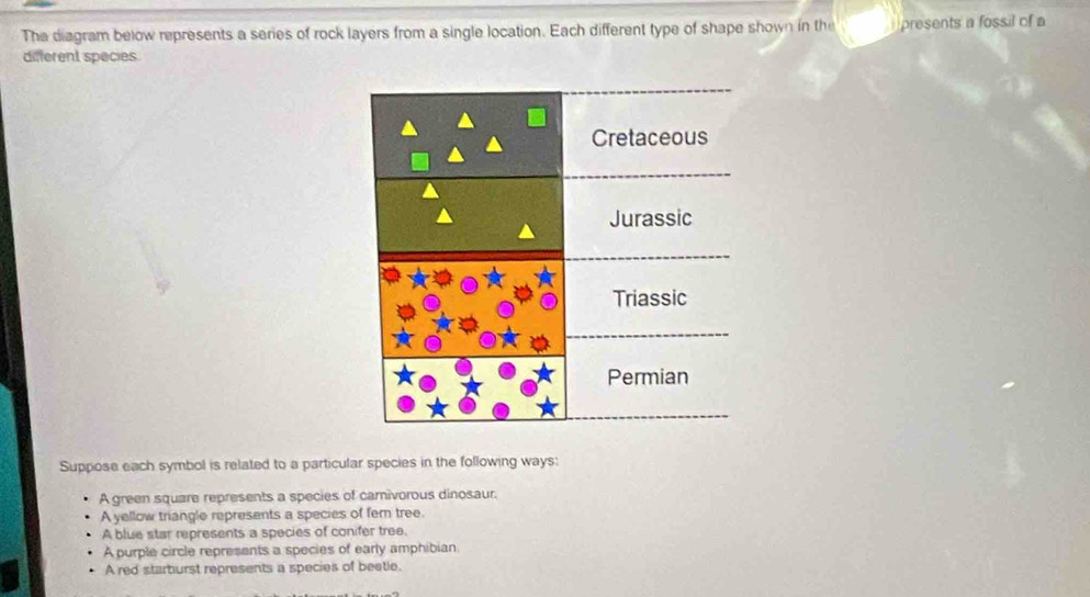 The diagram below represents a series of rock layers from a single location. Each different type of shape shown in the presents a fossil of a 
different species. 
Suppose each symbol is related to a particular species in the following ways: 
A green square represents a species of camivorous dinosaur. 
A yellow triangle represents a species of fem tree. 
A blue star represents a species of conifer tree. 
A purple circle represents a species of early amphibian 
A red starburst represents a species of beetle.