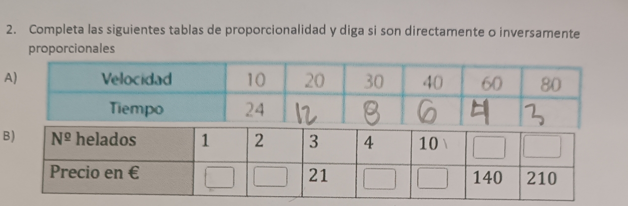 Completa las siguientes tablas de proporcionalidad y diga si son directamente o inversamente
proporcionales