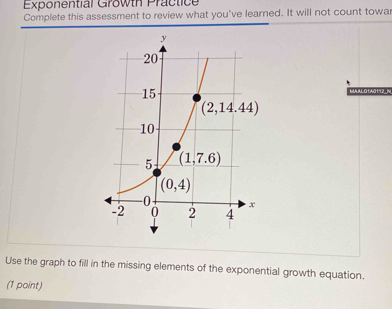 Exponential Growth Practice
Complete this assessment to review what you’ve learned. It will not count towar
MAALG1A0112__N_
Use the graph to fill in the missing elements of the exponential growth equation.
(1 point)