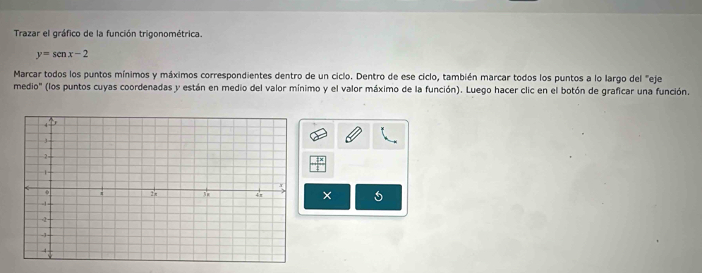 Trazar el gráfico de la función trigonométrica.
y=senx-2
Marcar todos los puntos mínimos y máximos correspondientes dentro de un ciclo. Dentro de ese ciclo, también marcar todos los puntos a lo largo del "eje 
medio" (los puntos cuyas coordenadas y están en medio del valor mínimo y el valor máximo de la función). Luego hacer clic en el botón de graficar una función. 
×