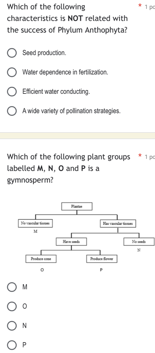 Which of the following 1 pc
characteristics is NOT related with
the success of Phylum Anthophyta?
Seed production.
Water dependence in fertilization.
Efficient water conducting.
A wide variety of pollination strategies.
Which of the following plant groups * 1 pc
labelled M, N, O and P is a
gymnosperm?
M
0
N
P