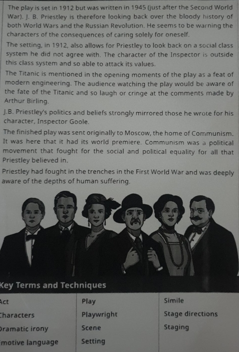 The play is set in 1912 but was written in 1945 (just after the Second World
War). J. B. Priestley is therefore looking back over the bloody history of
both World Wars and the Russian Revolution. He seems to be warning the
characters of the consequences of caring solely for oneself.
The setting, in 1912, also allows for Priestley to look back on a social class
system he did not agree with. The character of the Inspector is outside
this class system and so able to attack its values.
The Titanic is mentioned in the opening moments of the play as a feat of
modern engineering. The audience watching the play would be aware of
the fate of the Titanic and so laugh or cringe at the comments made by
Arthur Birling.
J.B. Priestley's politics and beliefs strongly mirrored those he wrote for his
character, Inspector Goole.
The finished play was sent originally to Moscow, the home of Communism.
It was here that it had its world premiere, Communism was a political
movement that fought for the social and political equality for all that
Priestley believed in.
Priestley had fought in the trenches in the First World War and was deeply
aware of the depths of human suffering.
Key Terms and Techniques
Act Play Simile
Characters Playwright Stage directions
Dramatic irony Scene Staging
motive language Setting