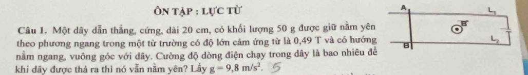 Ôn tập : lực từ 
Câu 1. Một dây dẫn thẳng, cứng, dài 20 cm, có khối lượng 50 g được giữ nằm yên
theo phương ngang trong một từ trường có độ lớn cảm ứng từ là 0,49 T và có hướng
nằm ngang, vuông góc với dây. Cường độ dòng điện chạy trong dây là bao nhiêu đề
khi dây được thả ra thì nó vẫn nằm yên? Lấy g=9,8m/s^2.