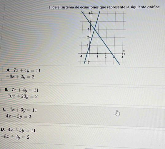 Elige el sistema de ecuaciones que represente la siguiente gráfica:
A. 7x+4y=11
-8x+2y=2
B. 7x+4y=11
-10x+20y=2
C. 4x+3y=11
-4x+5y=2
D. 4x+3y=11
-8x+2y=2