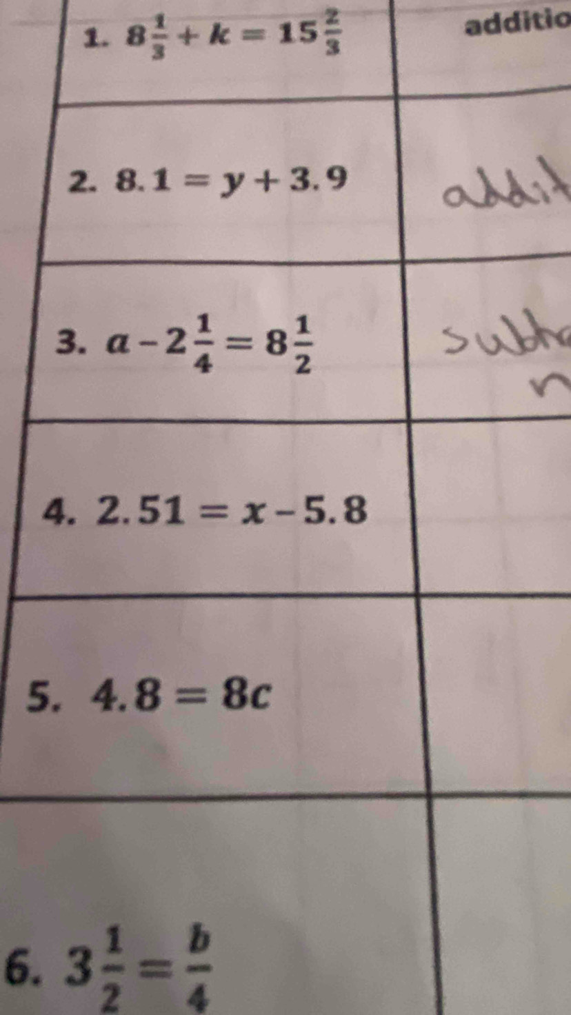 8 1/3 +k=15 2/3 
additio
4
5
6. 3 1/2 = b/4 