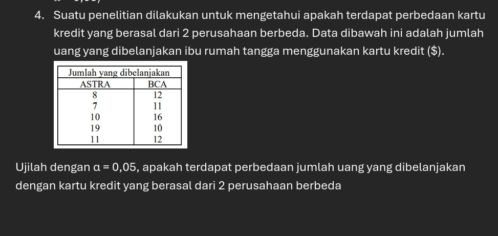 Suatu penelitian dilakukan untuk mengetahui apakah terdapat perbedaan kartu 
kredit yang berasal dari 2 perusahaan berbeda. Data dibawah ini adalah jumlah 
uang yang dibelanjakan ibu rumah tangga menggunakan kartu kredit ($). 
Ujilah dengan a=0,05 , apakah terdapat perbedaan jumlah uang yang dibelanjakan 
dengan kartu kredit yang berasal dari 2 perusahaan berbeda