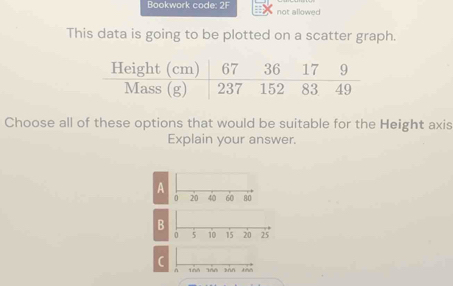 Bookwork code: ∠ 2 not allowed 
This data is going to be plotted on a scatter graph. 
Choose all of these options that would be suitable for the Height axis 
Explain your answer. 
A 
B