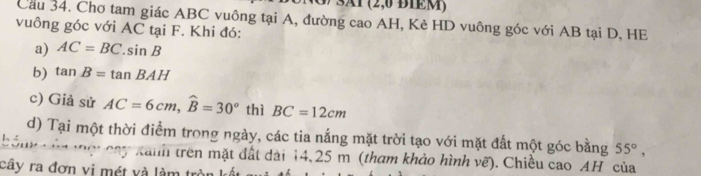 # SA1 (2,0 ĐIEM) 
Cầu 34. Chơ tam giác ABC vuông tại A, đường cao AH, Kẻ HD vuông góc với AB tại D, HE 
vuông góc với AC tại F. Khi đó: 
a) AC=BC.sin B
b) tan B=tan BAH
c) Giả sử AC=6cm, widehat B=30° thì BC=12cm
d) Tại một thời điểm trong ngày, các tia nắng mặt trời tạo với mặt đất một góc bằng 55°,
M ộ i c a y Xanh trên mặt đất dài 14, 25 m (tham khảo hình vẽ). Chiều cao AH của 
cây ra đơn vị mét và làm