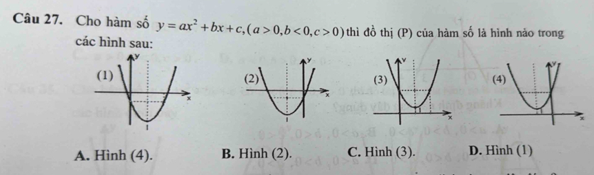 Cho hàm số y=ax^2+bx+c, (a>0, b<0</tex>, c>0) thì đồ thị (P) của hàm số là hình nảo trong
các hình sau:
A. Hình (4). B. Hình (2). C. Hình (3). D. Hình (1)